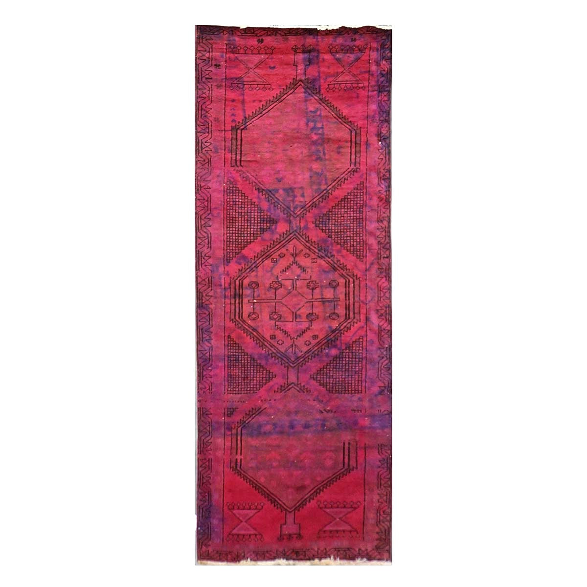 Vintage Persian Distressed Overdye Wool 3x9 Fuchsia Handmade Runner Rug # 9901883