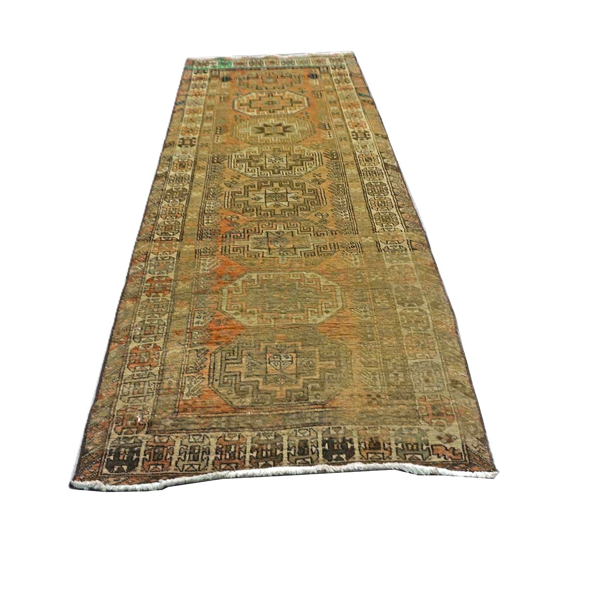 Vintage Persian Distressed Overdye Wool 3x9 Tan & Brown Handmade Runner Rug # 9901898