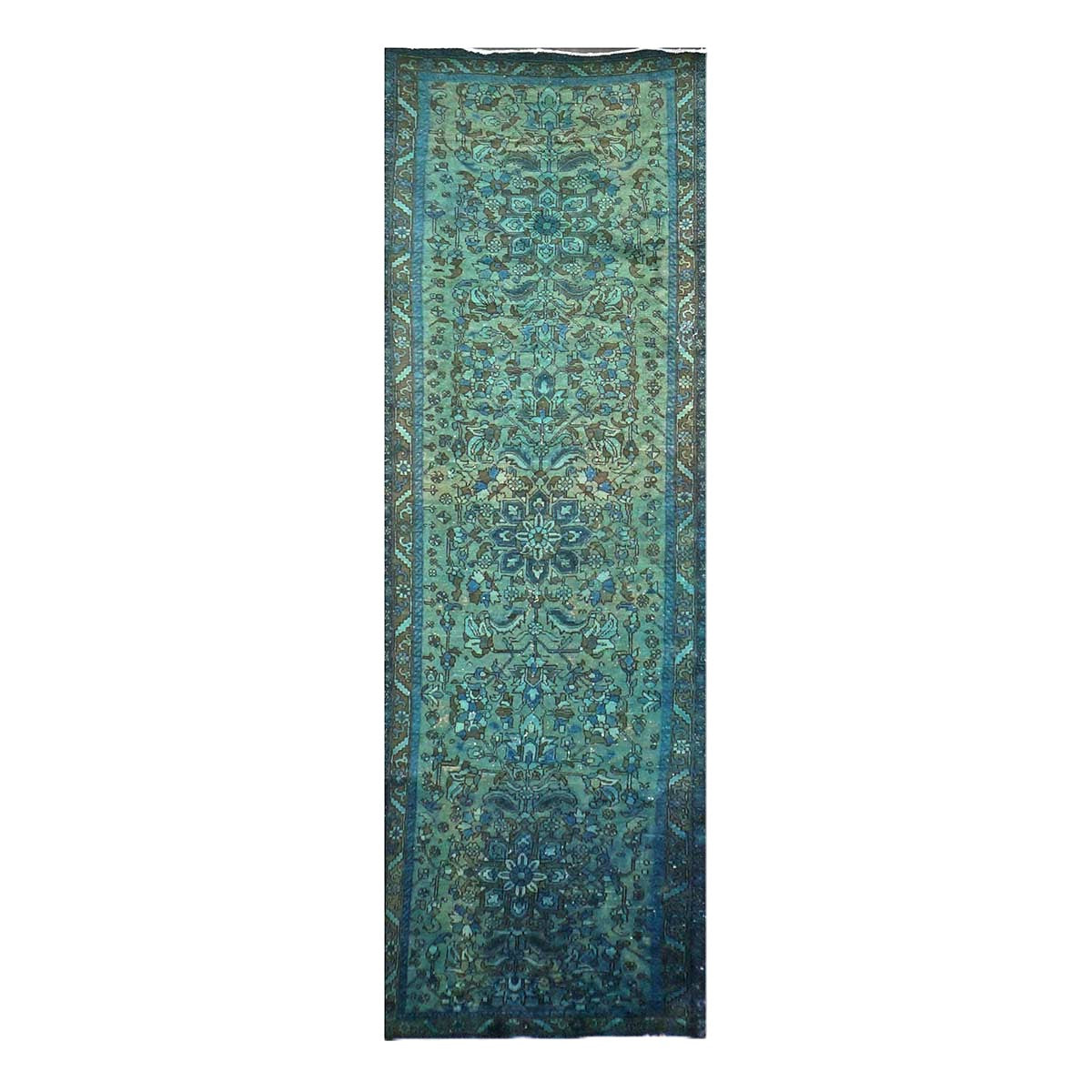 Vintage Persian Distressed Overdye Wool 3x12 Teal, Blue & Brown Handmade Runner Rug # 9901941