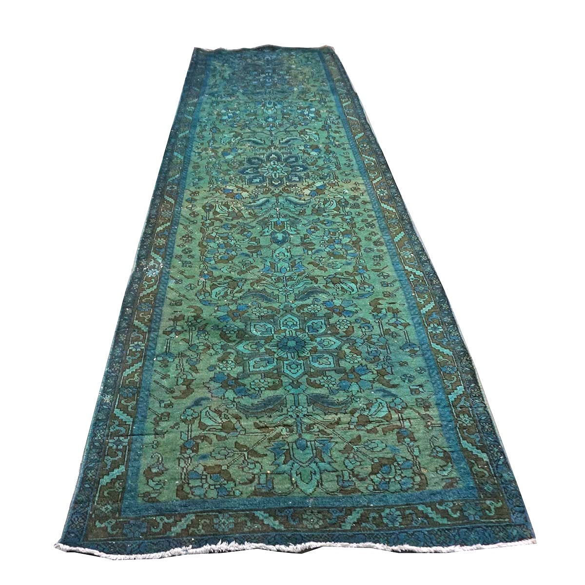 Vintage Persian Distressed Overdye Wool 3x12 Teal, Blue & Brown Handmade Runner Rug # 9901941
