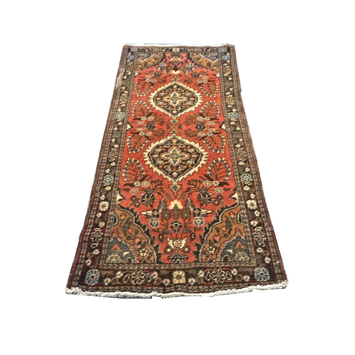 Antique Persian Hamadan Wool 3x7 Salmon, Ivory & Brown Handmade Runner Rug # 9901955