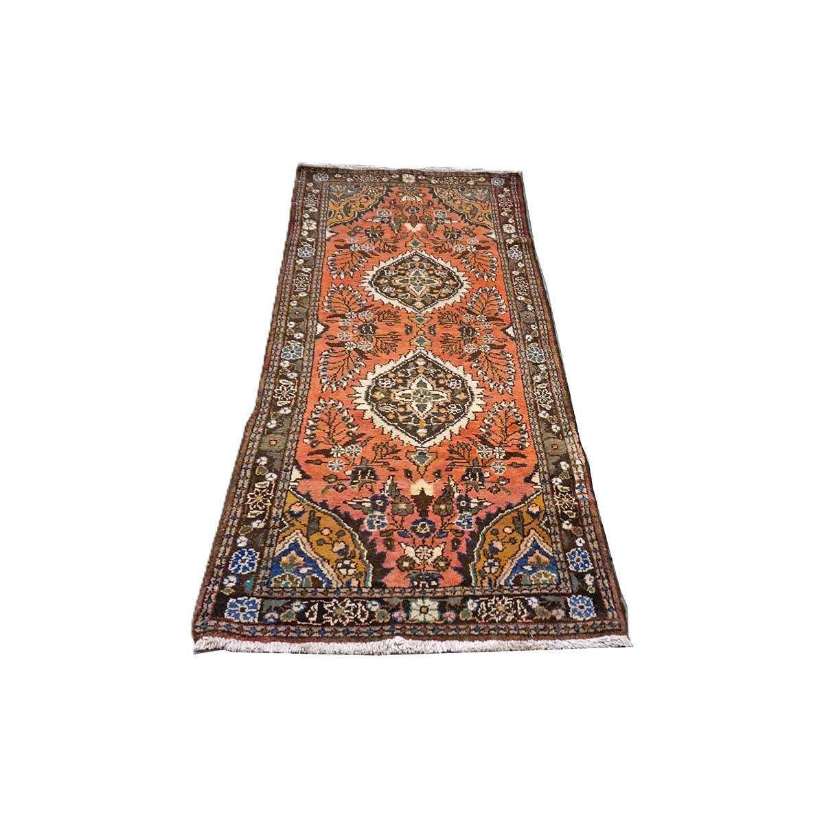 Antique Persian Hamadan Wool 3x7 Salmon, Ivory & Brown Handmade Runner Rug # 9901955