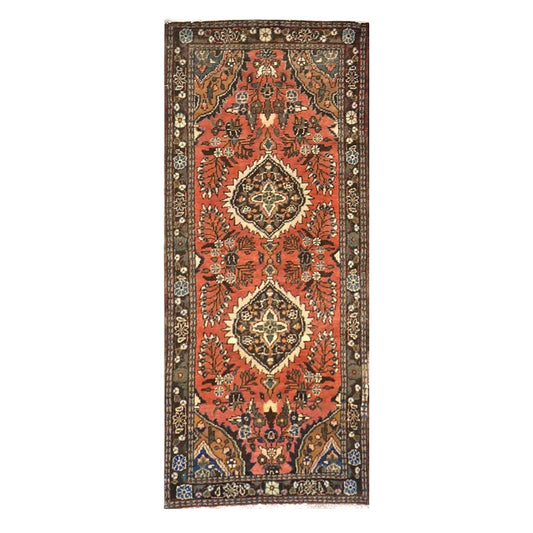 Antique Persian Hamadan Wool 3x7 Salmon, Ivory & Brown Handmade Runner Rug # 9901955