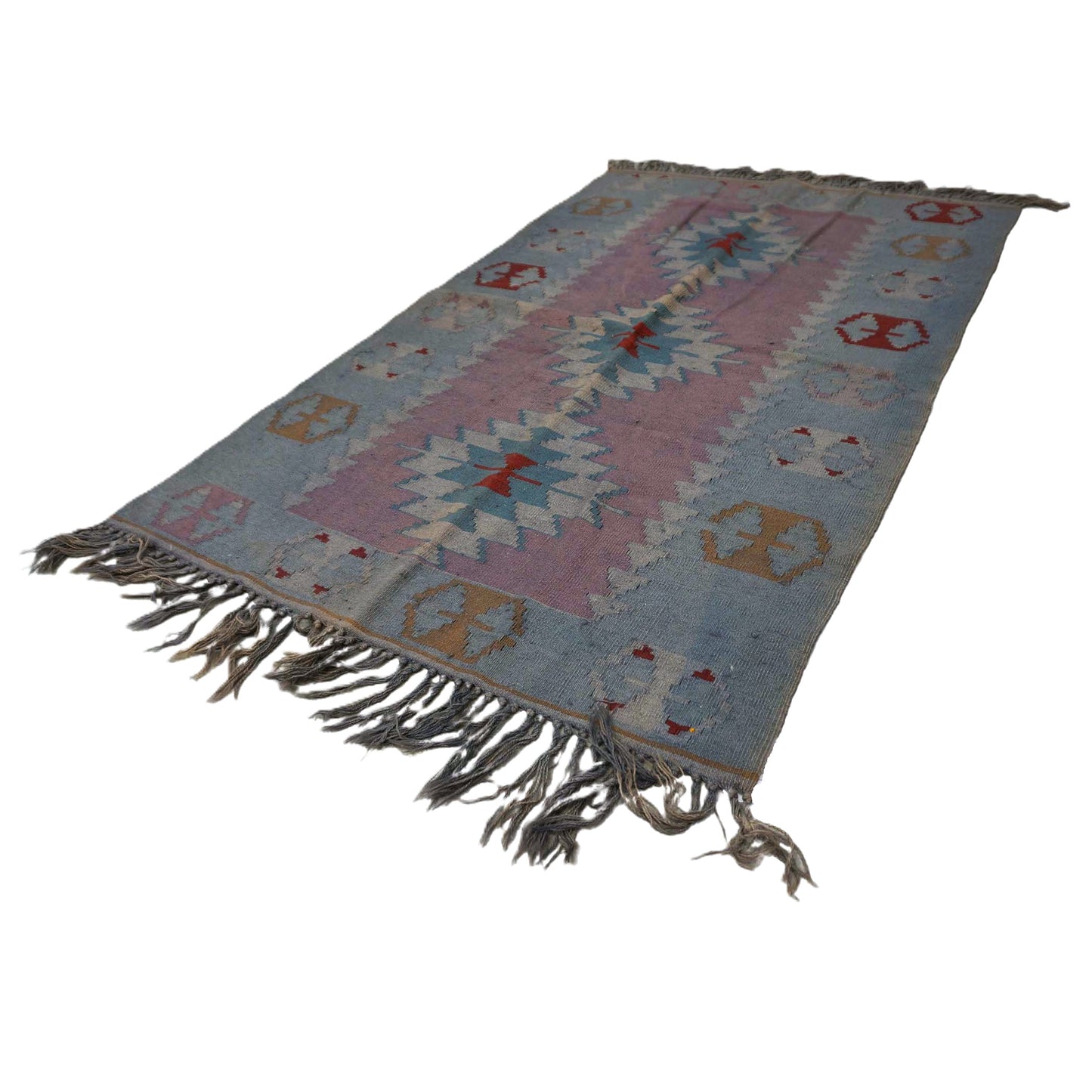 Turkish Anatolian Flatweave Wool 4x6 Light Blue & Pink Handmade Area Rug # 9901967
