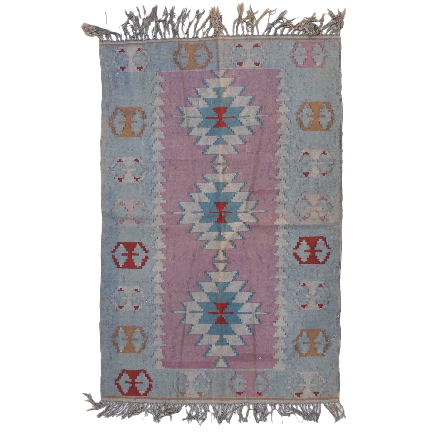 Turkish Anatolian Flatweave Wool 4x6 Light Blue & Pink Handmade Area Rug # 9901967