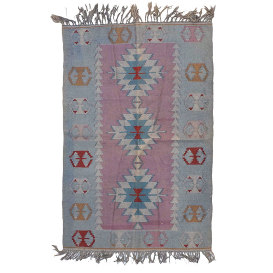 Turkish Anatolian Flatweave Wool 4x6 Light Blue & Pink Handmade Area Rug # 9901967