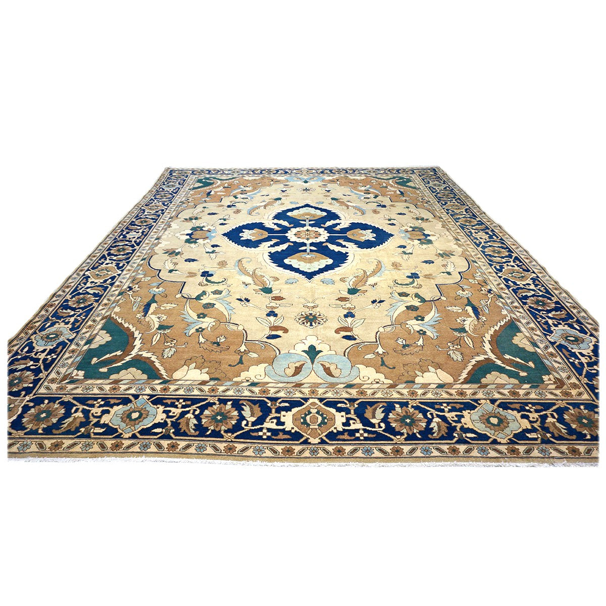 21st Century Persian Heriz Wool 12x15 Tan & Navy Handmade Area Rug #9902016
