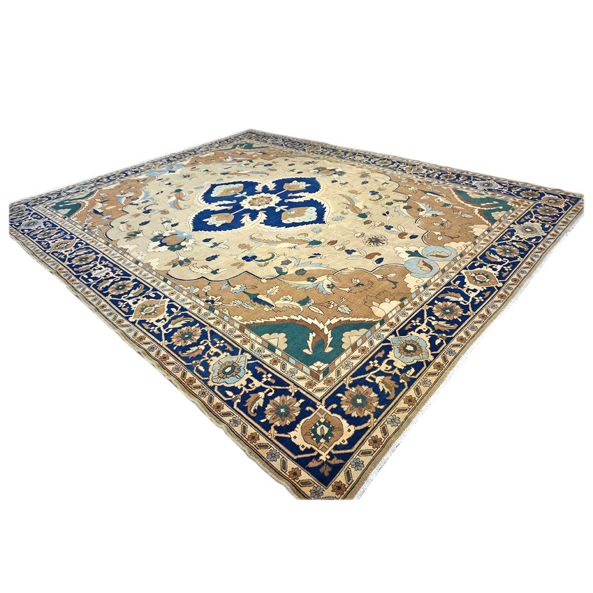 21st Century Persian Heriz Wool 12x15 Tan & Navy Handmade Area Rug #9902016