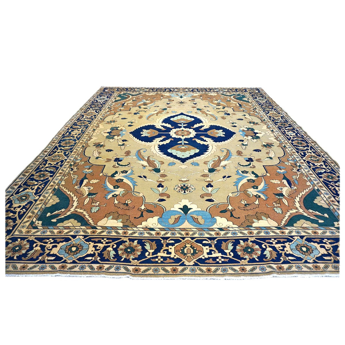 21st Century Persian Heriz Wool 12x15 Tan & Navy Handmade Area Rug #9902016
