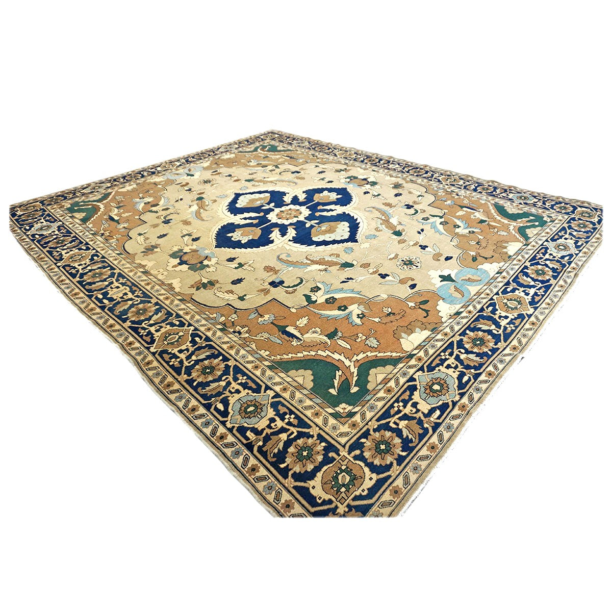 21st Century Persian Heriz Wool 12x15 Tan & Navy Handmade Area Rug #9902016