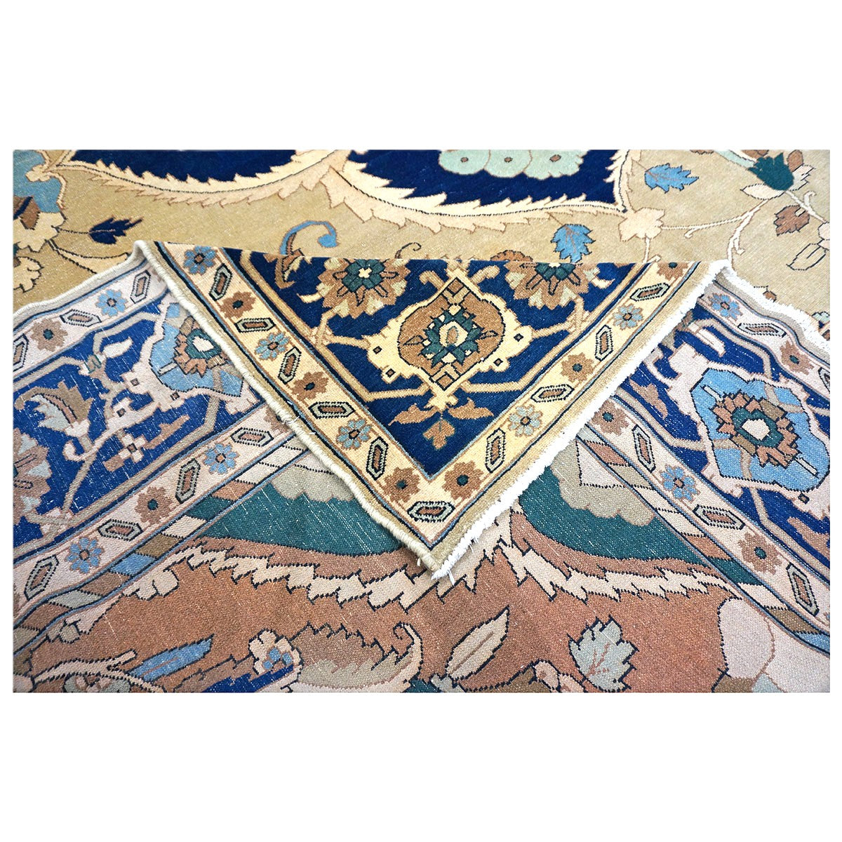21st Century Persian Heriz Wool 12x15 Tan & Navy Handmade Area Rug #9902016