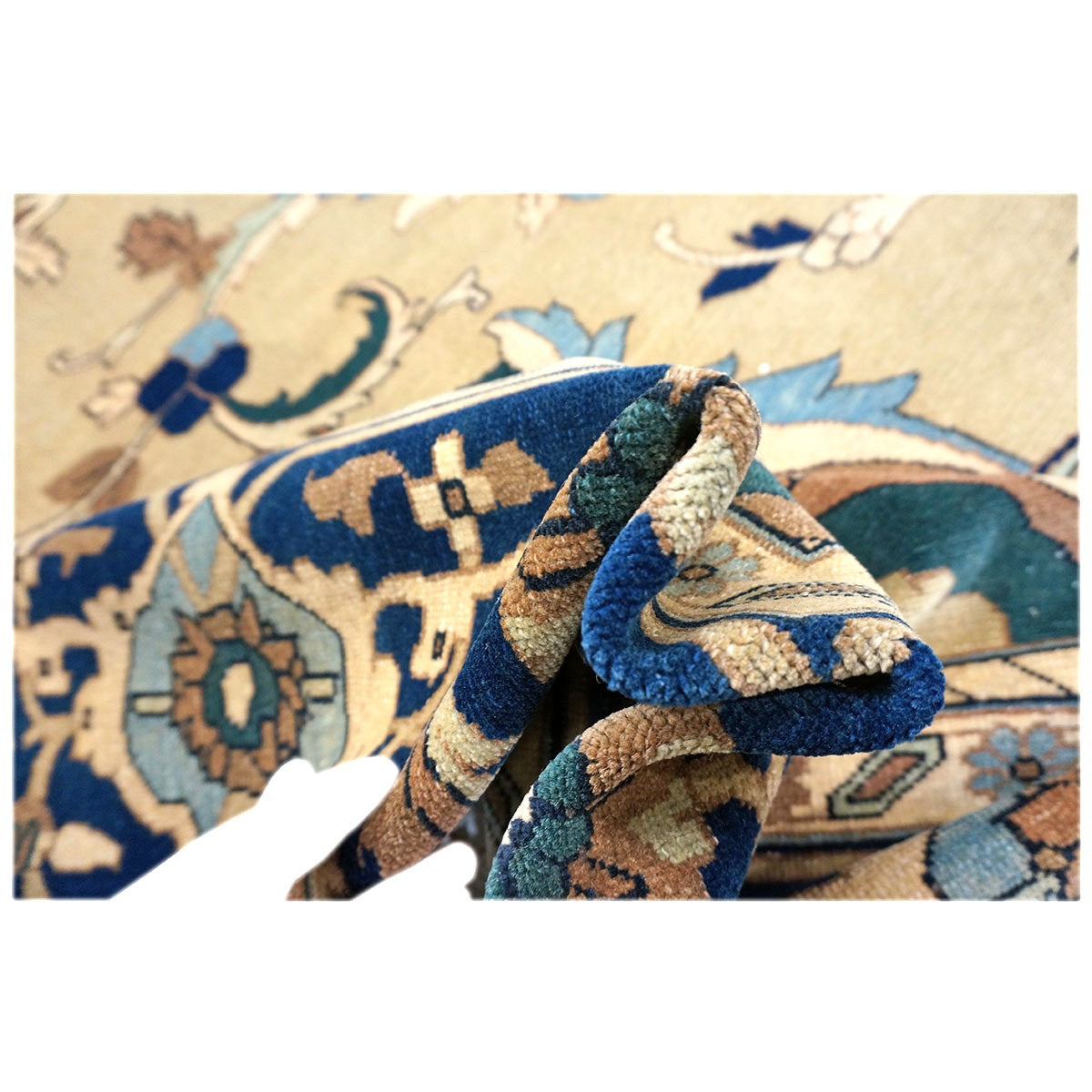 21st Century Persian Heriz Wool 12x15 Tan & Navy Handmade Area Rug #9902016
