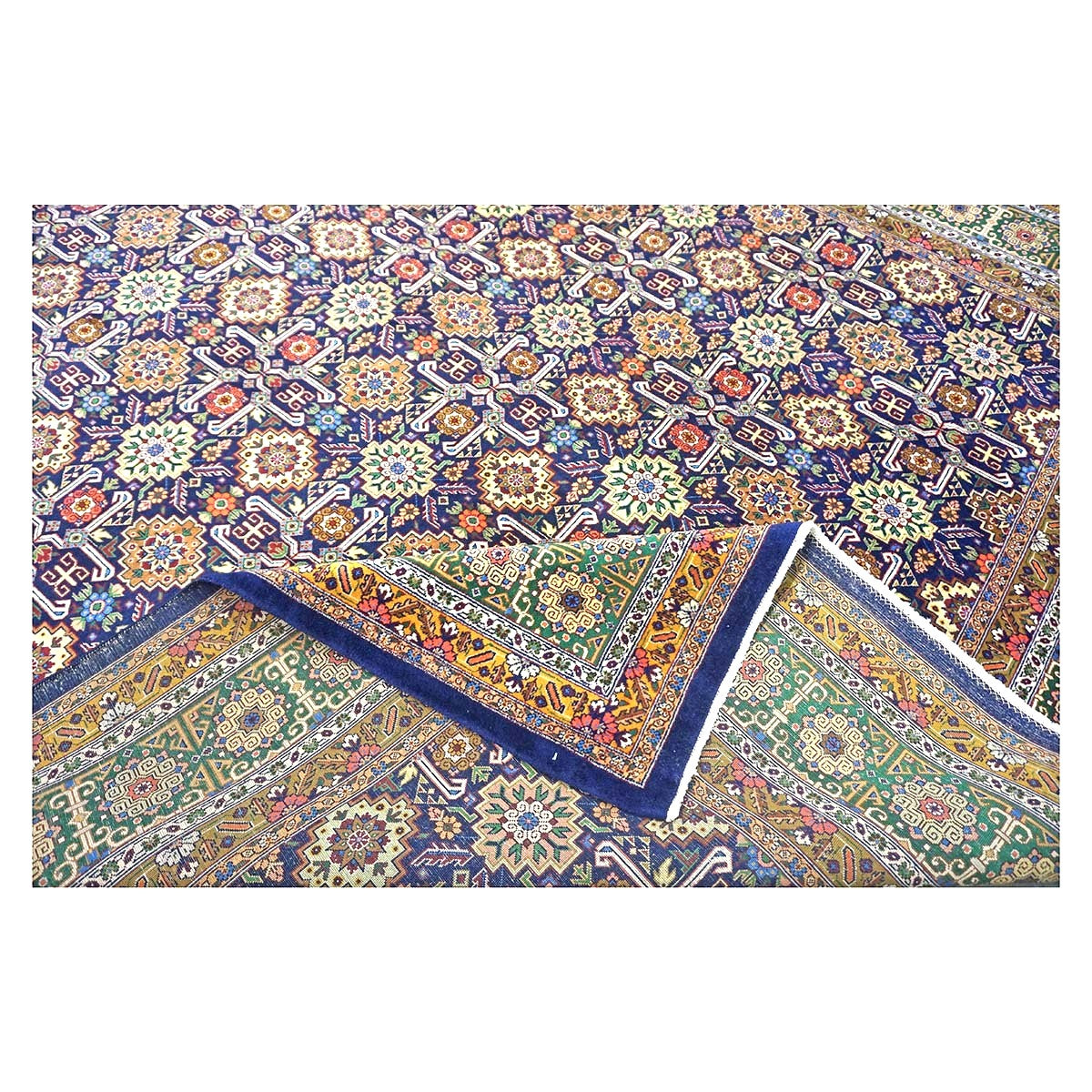 Antique Persian Tabriz Gobeh Wool 8x11 Navy, Yellow & Green Handmade Area Rug #9902032