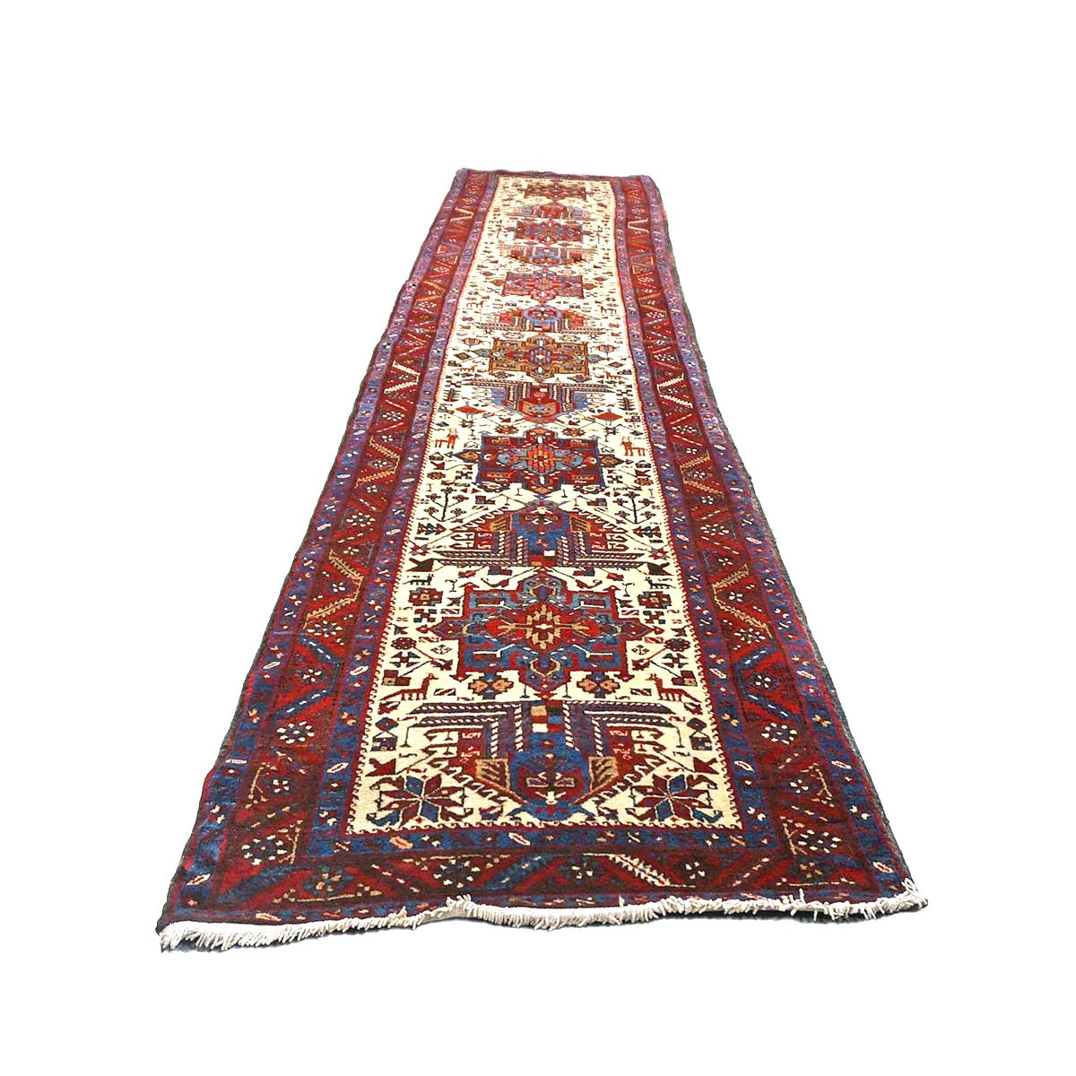 Persian Heriz Wool 3x15 Ivory, Red & Light Blue Handmade Runner Rug #9902071