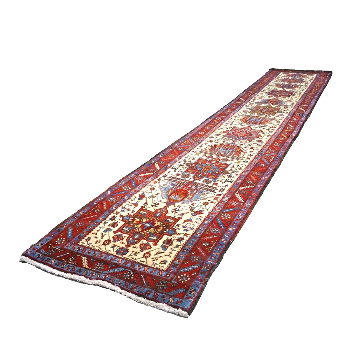 Persian Heriz Wool 3x15 Ivory, Red & Light Blue Handmade Runner Rug #9902071
