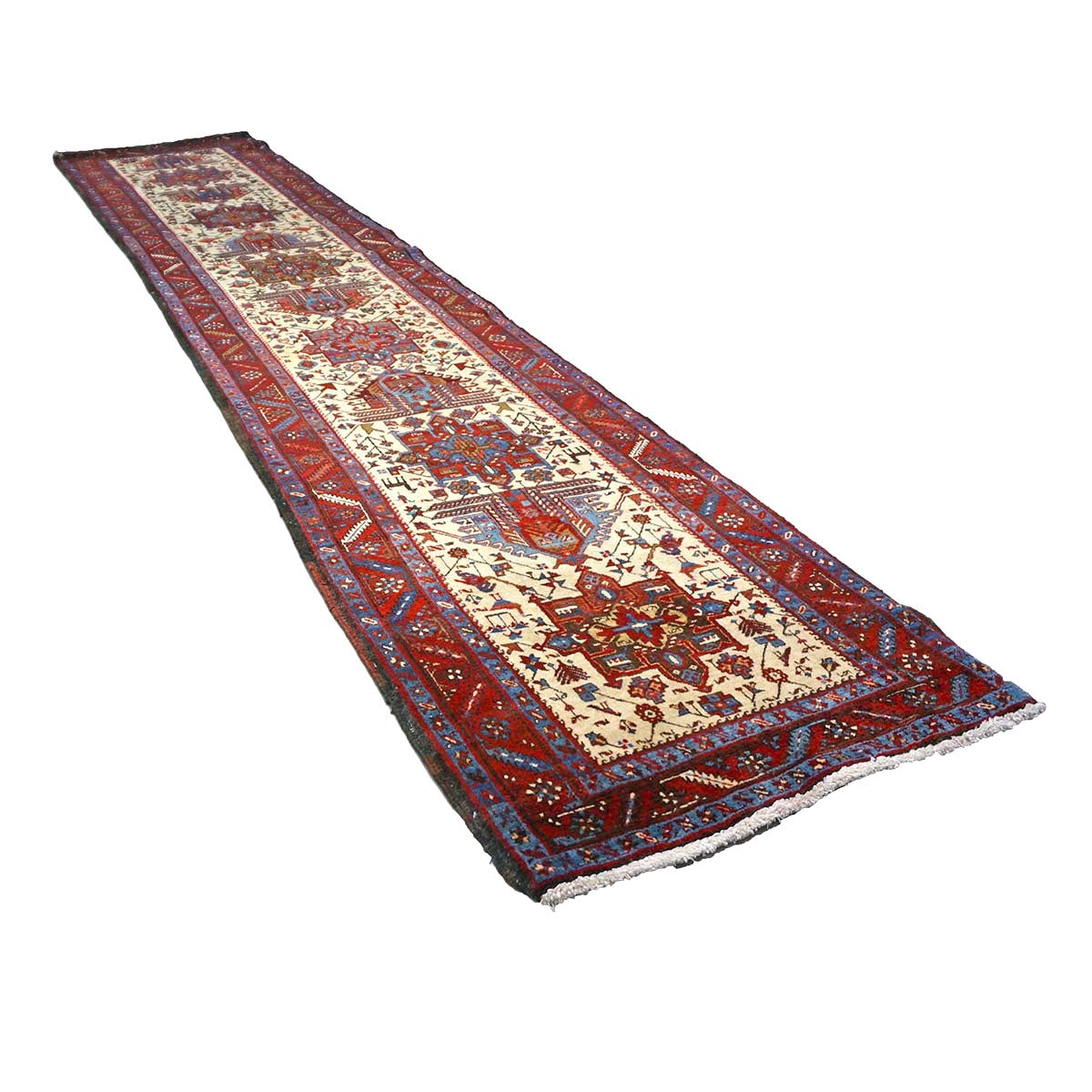 Persian Heriz Wool 3x15 Ivory, Red & Light Blue Handmade Runner Rug #9902071