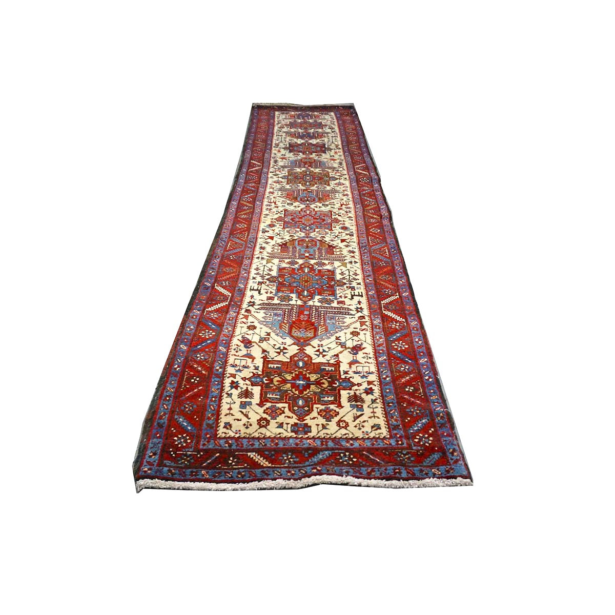 Persian Heriz Wool 3x15 Ivory, Red & Light Blue Handmade Runner Rug #9902071