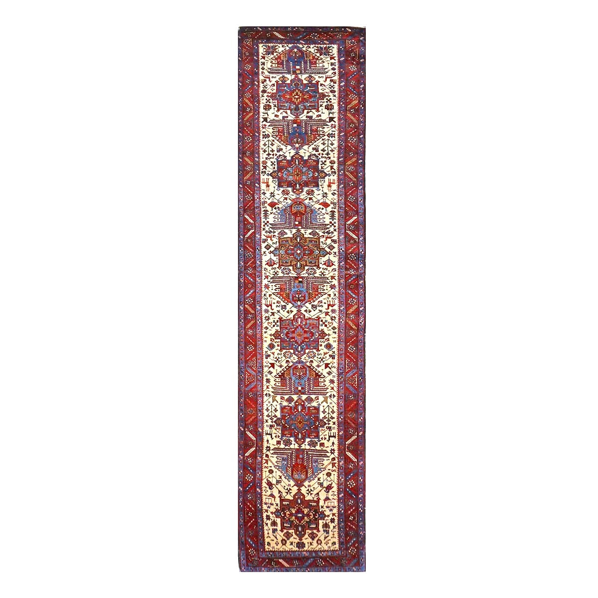 Persian Heriz Wool 3x15 Ivory, Red & Light Blue Handmade Runner Rug #9902071
