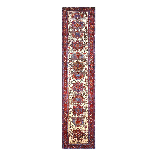 Persian Heriz Wool 3x15 Ivory, Red & Light Blue Handmade Runner Rug #9902071