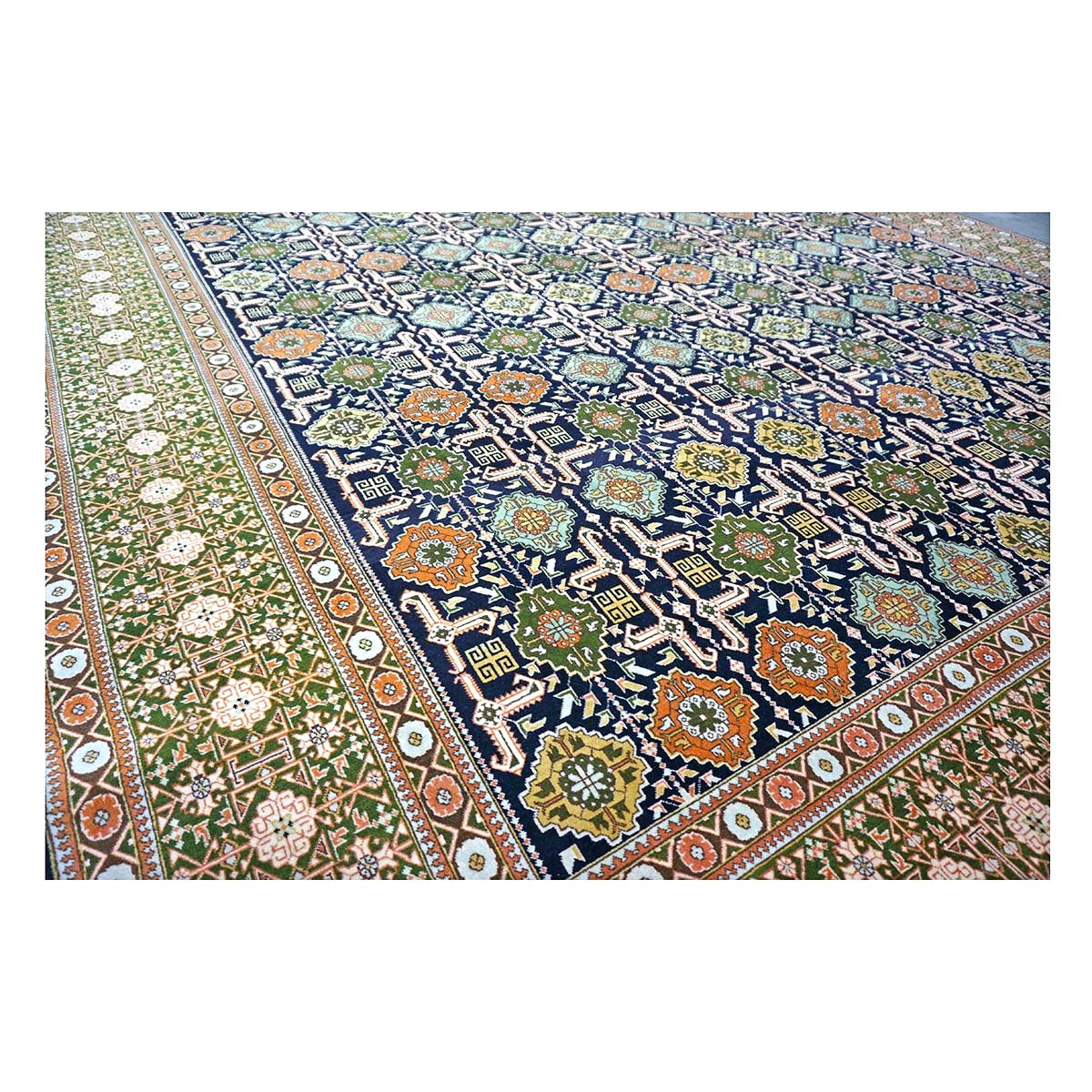 Persian Tabriz Wool 9x13 Olive, Ivory & Navy Handmade Area Rug #9902143