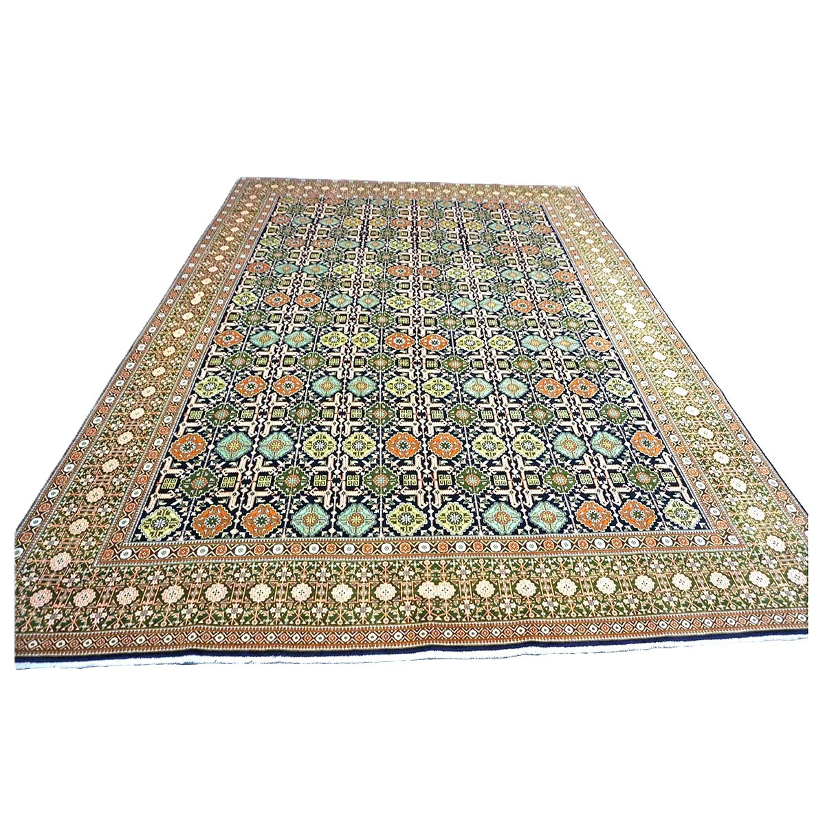 Persian Tabriz Wool 9x13 Olive, Ivory & Navy Handmade Area Rug #9902143