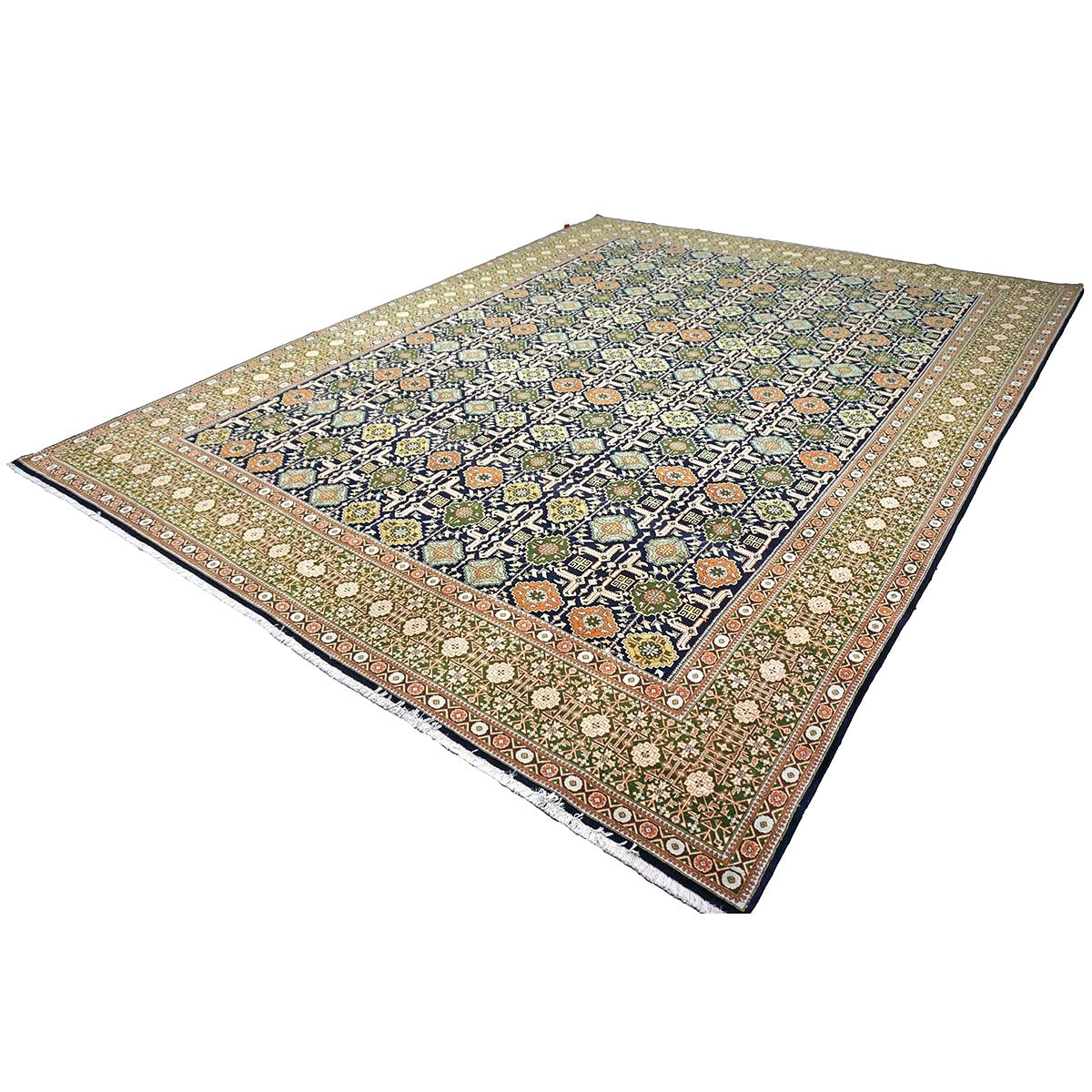 Persian Tabriz Wool 9x13 Olive, Ivory & Navy Handmade Area Rug #9902143