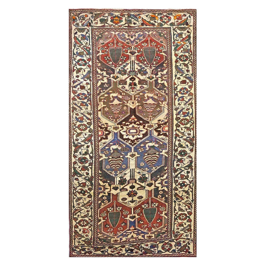 Vintage Persian Baktiari Wool 5x10 Ivory, Taupe & Red Handmade Gallery Rug # 9902152