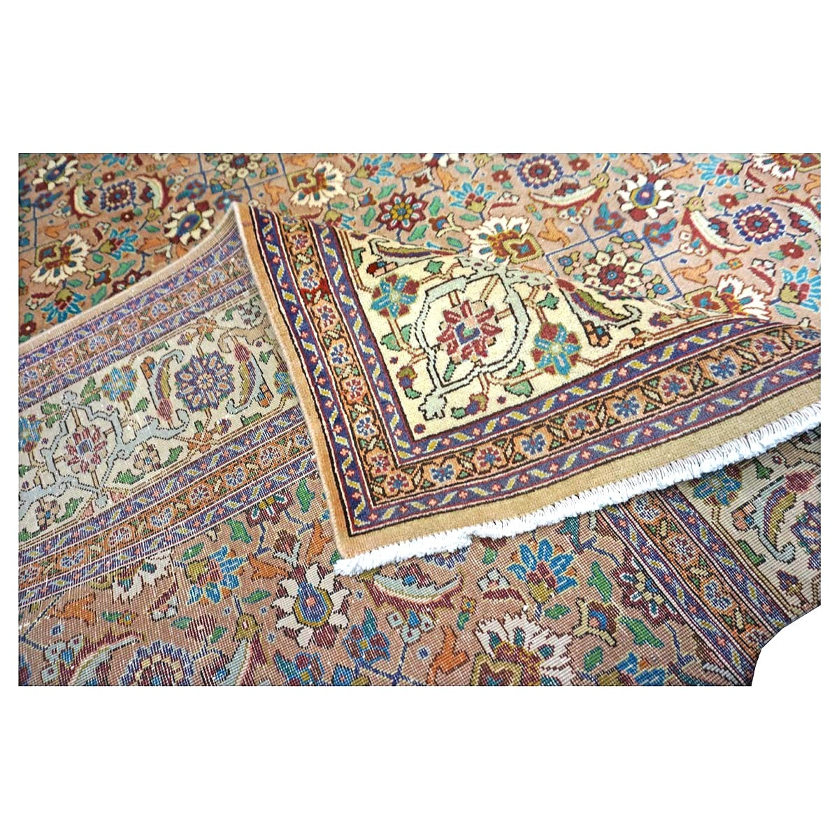 Antique Persian Tabriz Wool 7x9 Tan & Ivory Handmade Area Rug #9902154