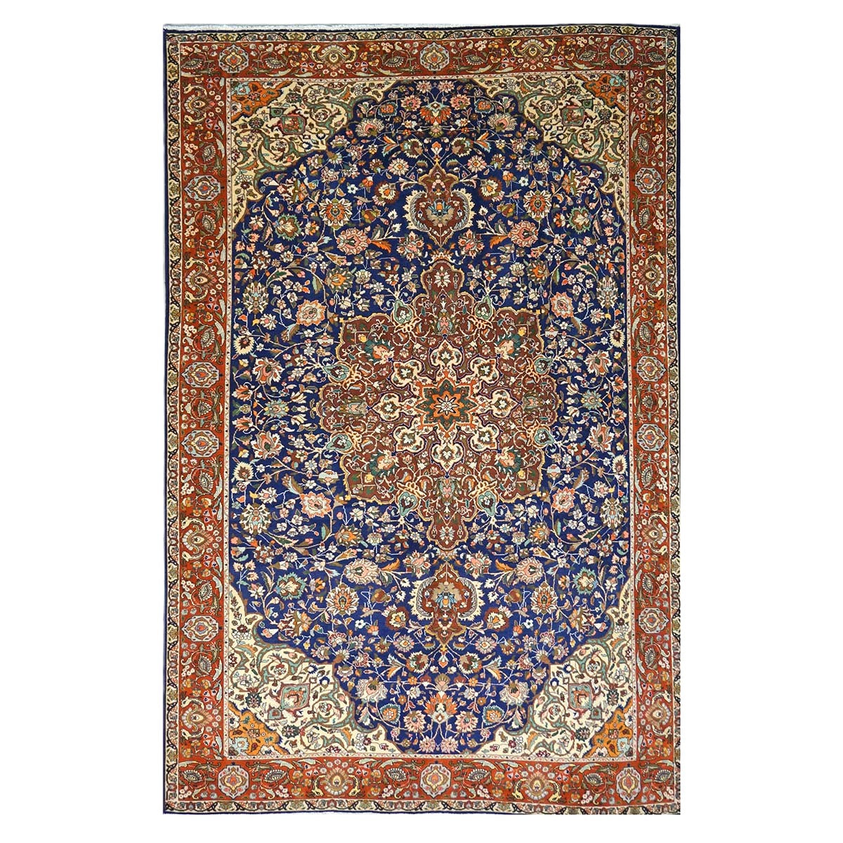 Antique Persian Tabriz Wool 6x10 Ivory, Navy & Rust Handmade Area Rug #9902165