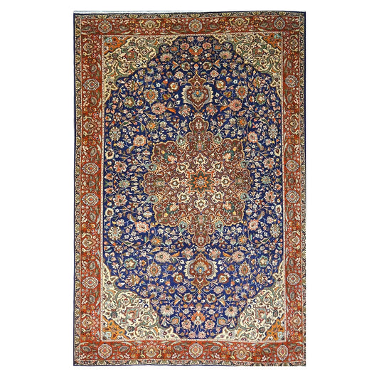Antique Persian Tabriz Wool 6x10 Ivory, Navy & Rust Handmade Area Rug #9902165