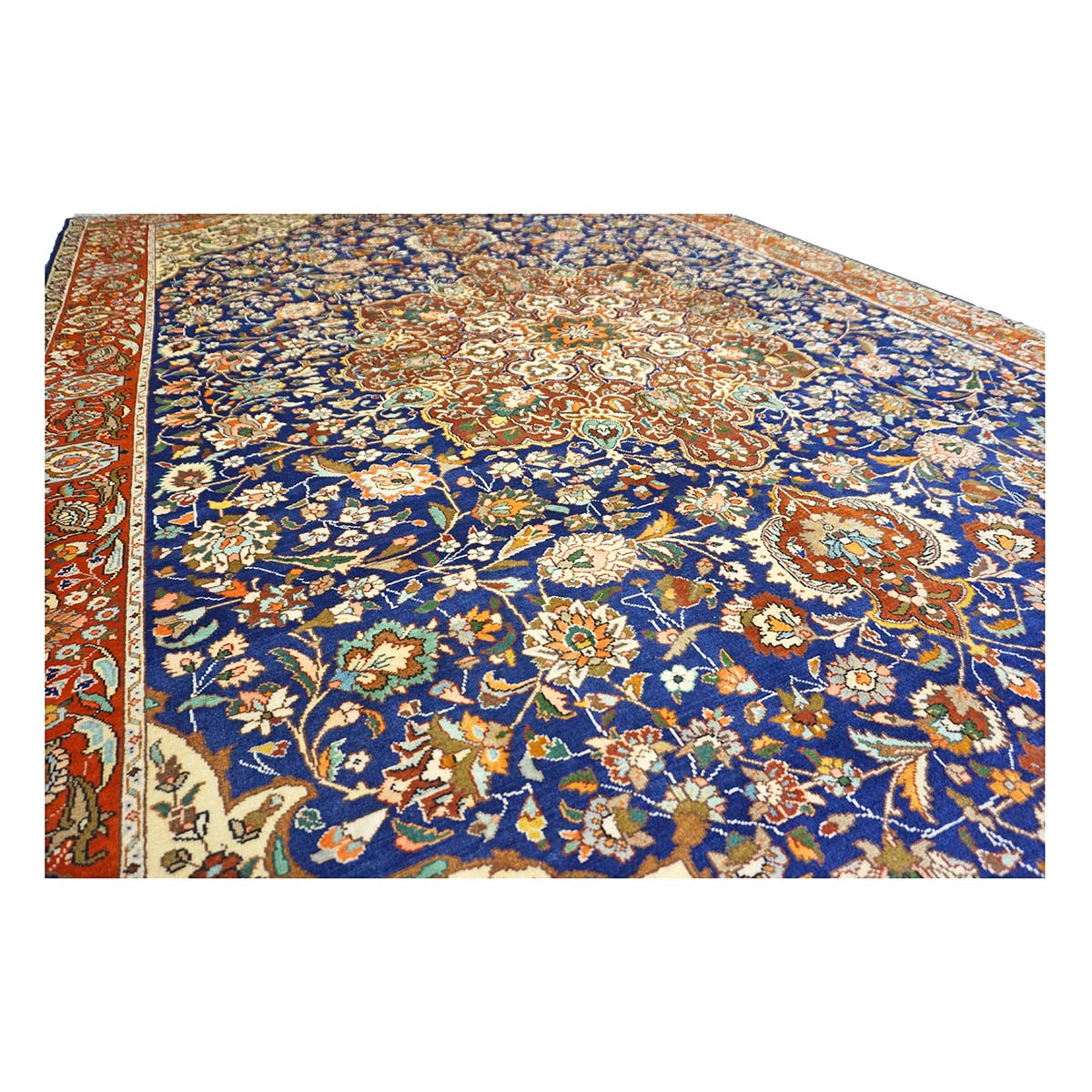 Antique Persian Tabriz Wool 6x10 Ivory, Navy & Rust Handmade Area Rug #9902165