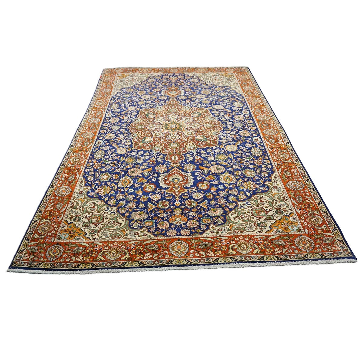 Antique Persian Tabriz Wool 6x10 Ivory, Navy & Rust Handmade Area Rug #9902165