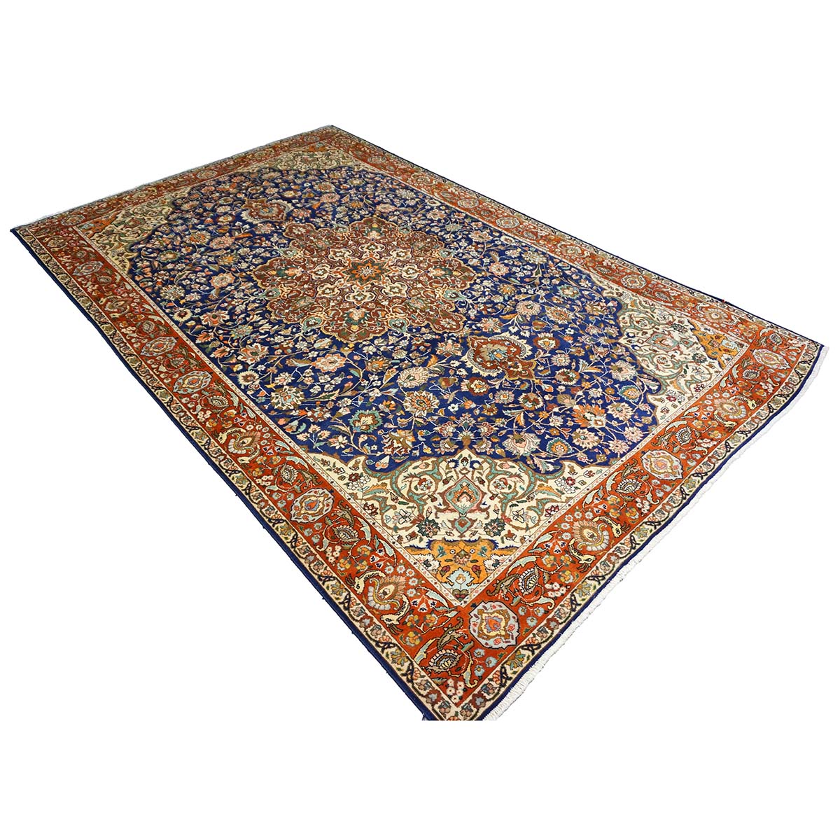 Antique Persian Tabriz Wool 6x10 Ivory, Navy & Rust Handmade Area Rug #9902165