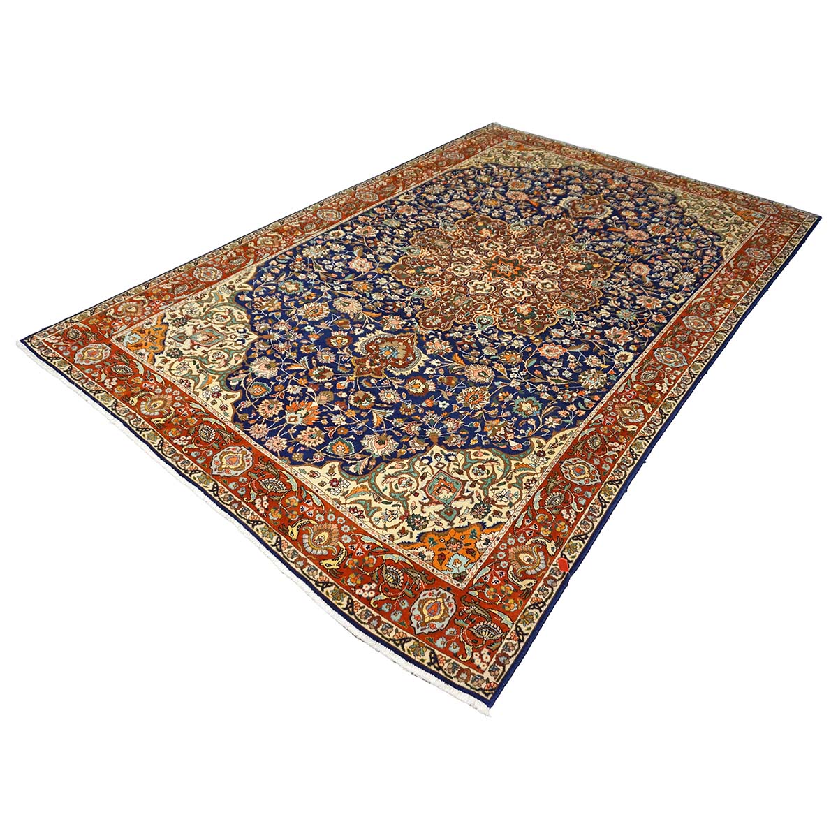 Antique Persian Tabriz Wool 6x10 Ivory, Navy & Rust Handmade Area Rug #9902165