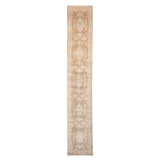 Persian Tabriz Wool 3x16 Tan, Brown, & Green Handmade Runner Rug #9902220