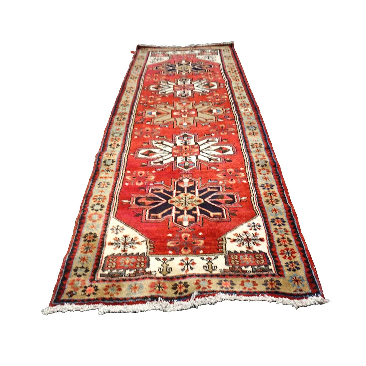 Persian Karajeh Wool 4x10 Rust, Ivory & Tan Handmade Gallery Rug #9902223