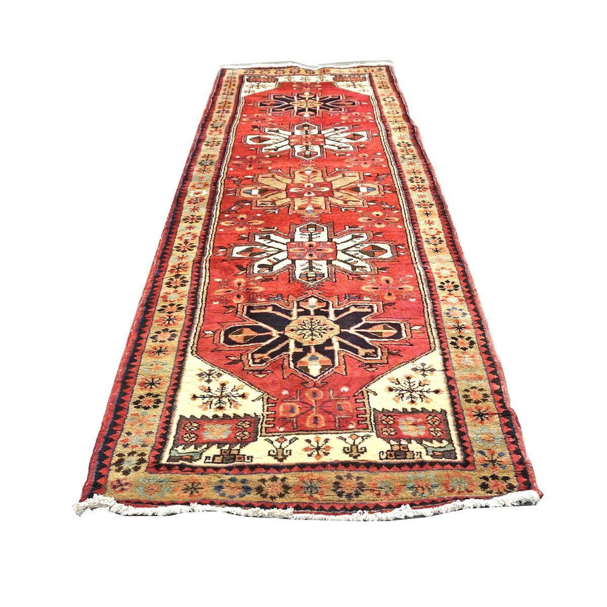 Persian Karajeh Wool 4x10 Rust, Ivory & Tan Handmade Gallery Rug #9902223