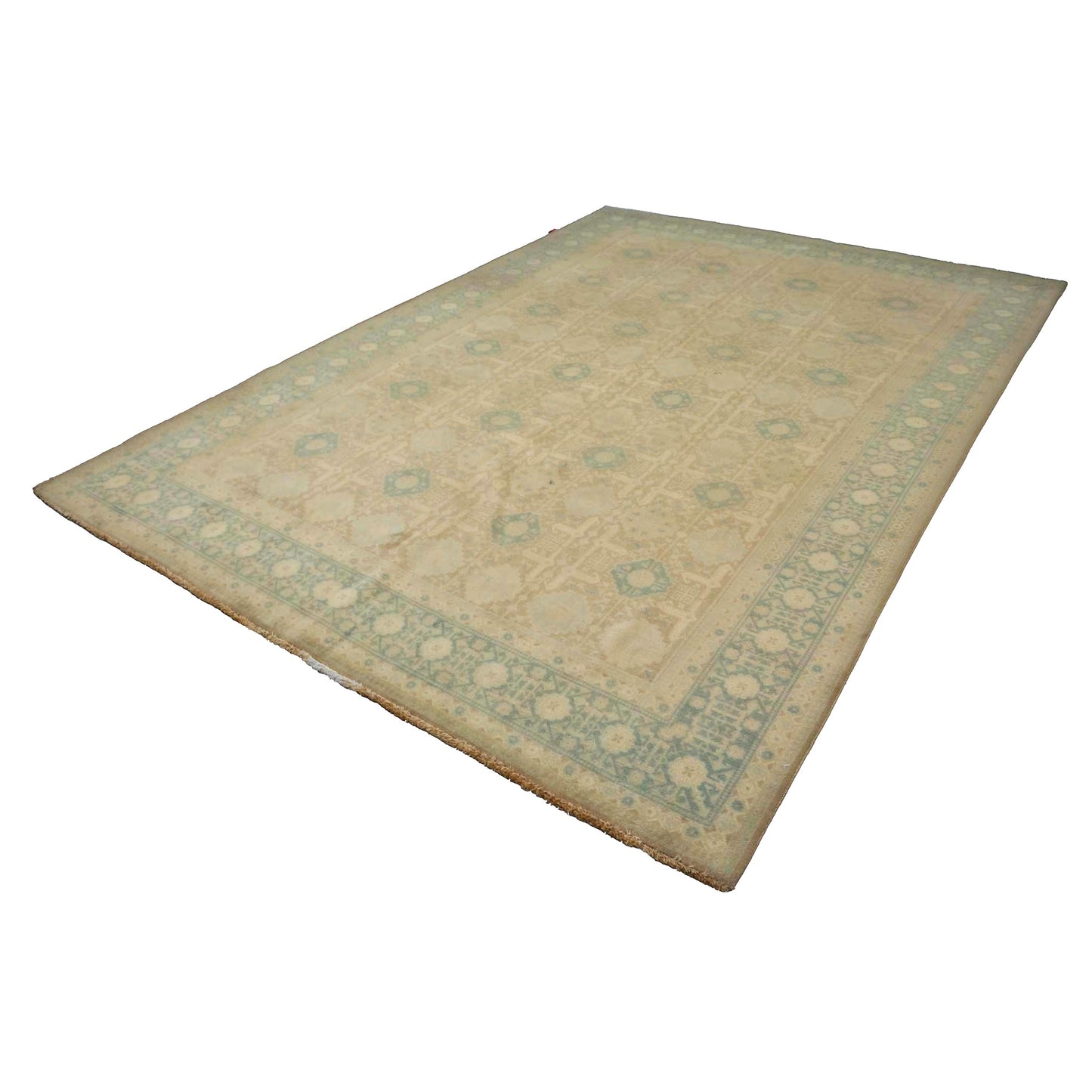 Antique Persian Tabriz Wool 7x9 Tan & Teal Handmade Area Rug #9902243
