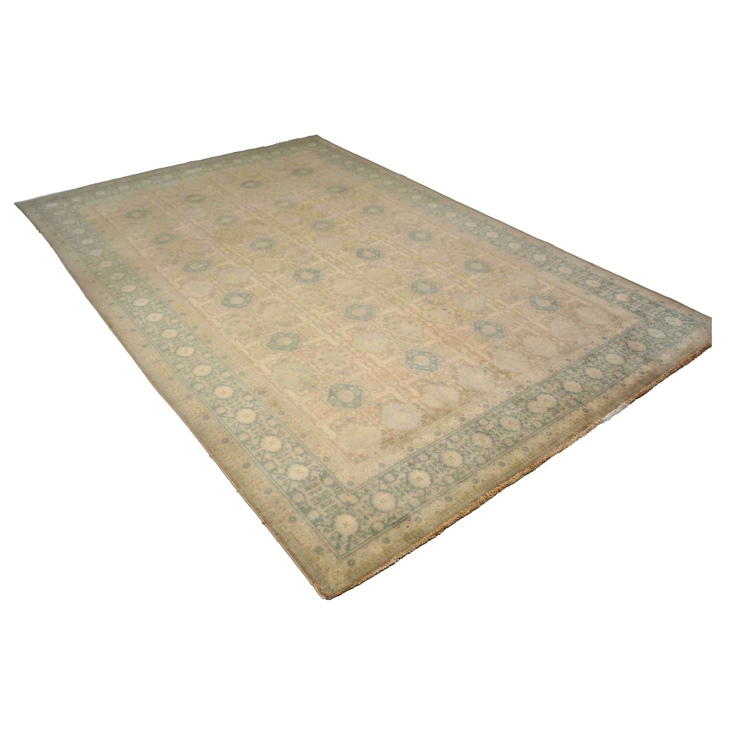 Antique Persian Tabriz Wool 7x9 Tan & Teal Handmade Area Rug #9902243