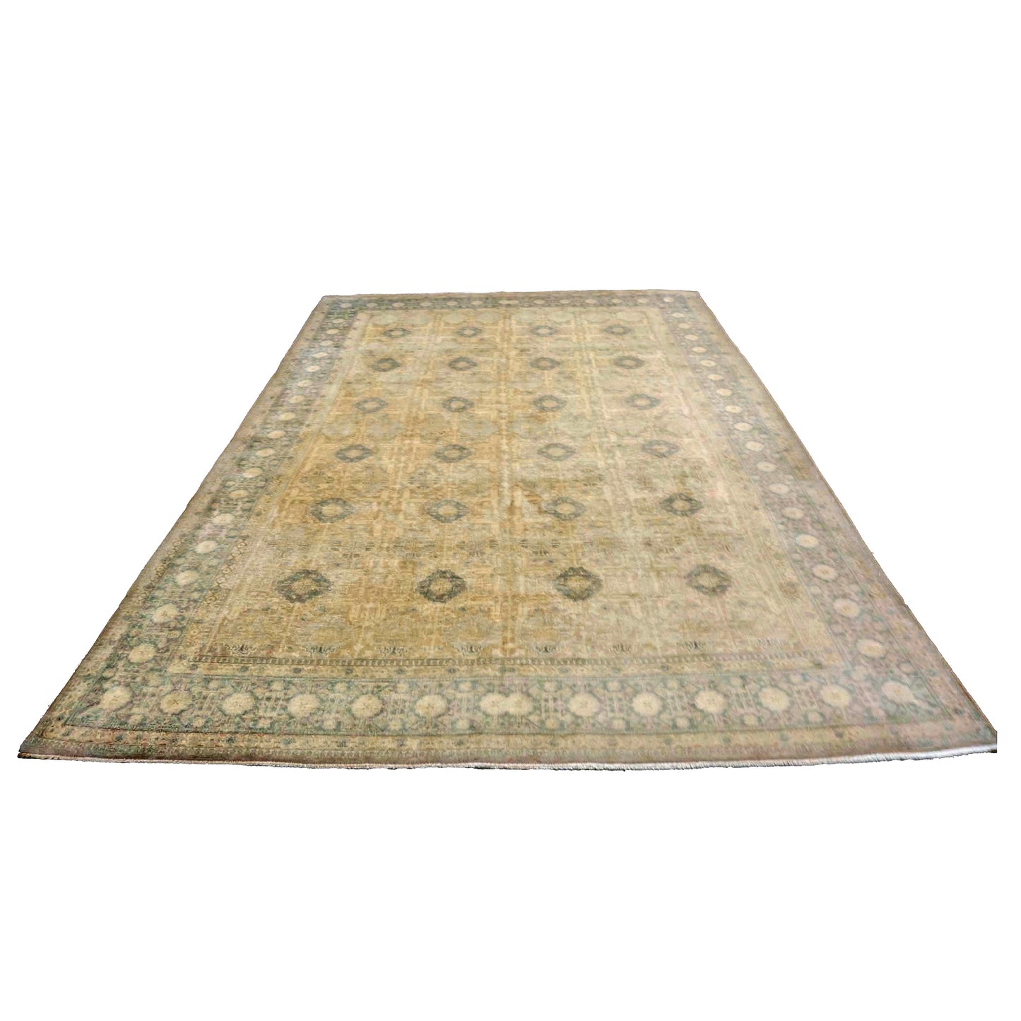 Antique Persian Tabriz Wool 7x9 Tan & Teal Handmade Area Rug #9902243