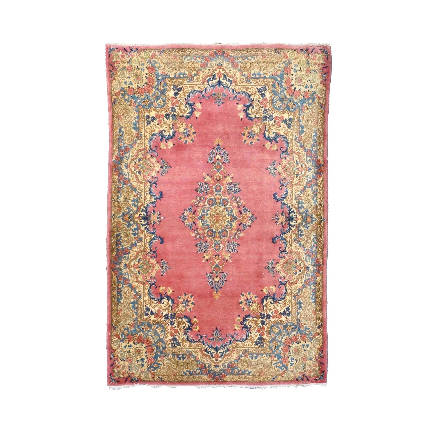 Antique Persian Kerman 4X6 Red, Blue & Ivory Handmade Area Rug #9902283