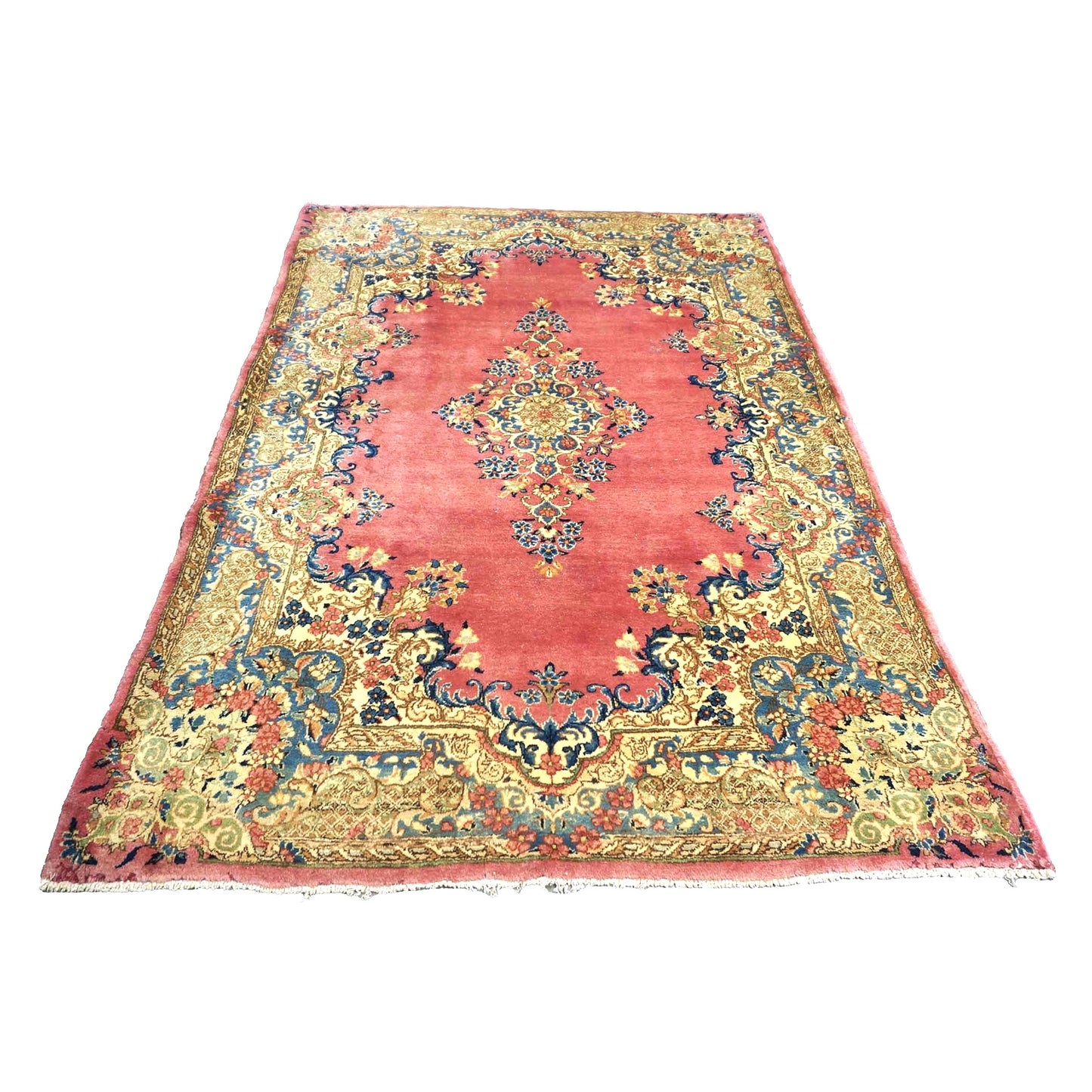 Antique Persian Kerman 4X6 Red, Blue & Ivory Handmade Area Rug #9902283
