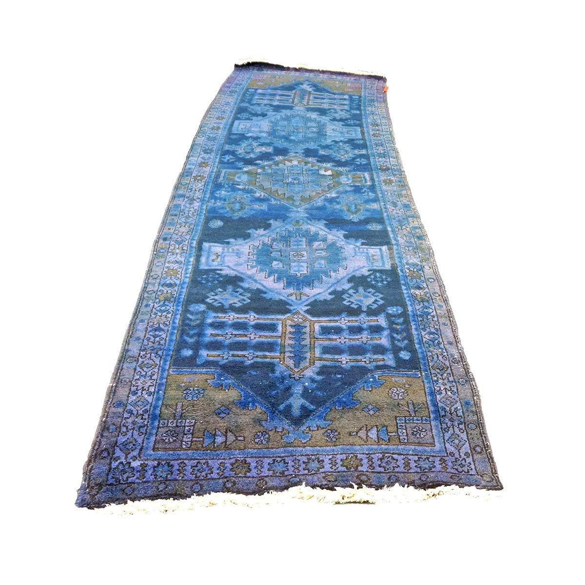 Vintage Persian Overdye Wool 3x10 Blue & Tan Handmade Runner Rug # 9902294