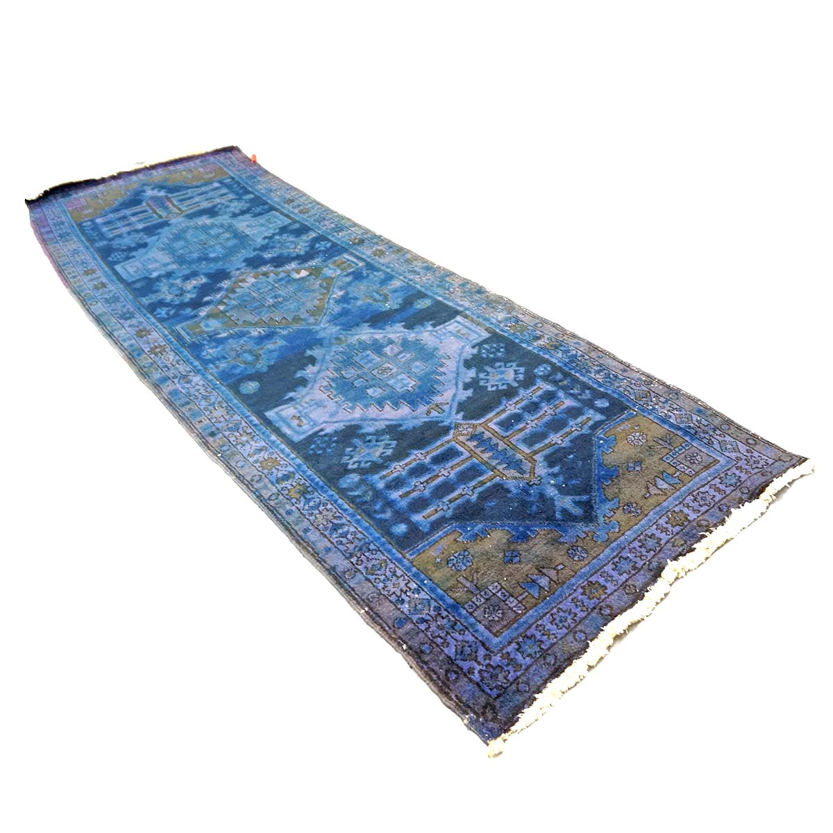 Vintage Persian Overdye Wool 3x10 Blue & Tan Handmade Runner Rug # 9902294
