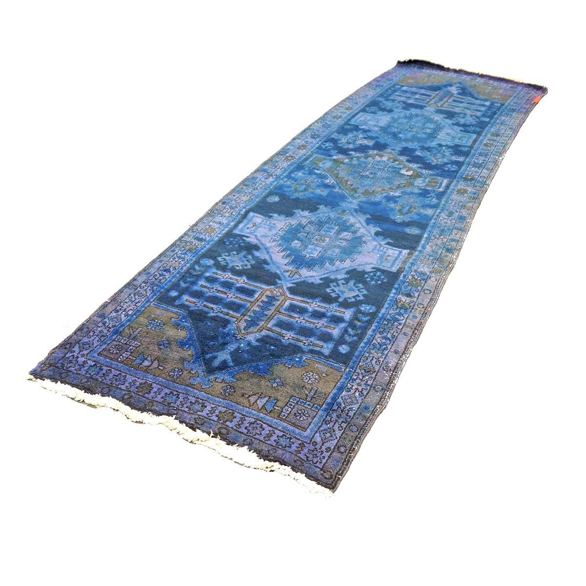 Vintage Persian Overdye Wool 3x10 Blue & Tan Handmade Runner Rug # 9902294