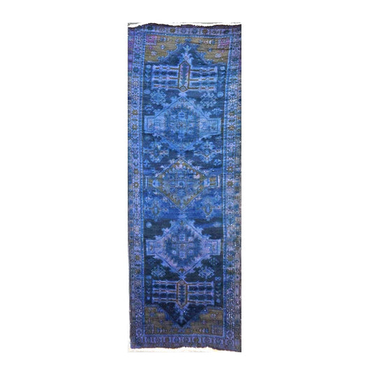 Vintage Persian Overdye Wool 3x10 Blue & Tan Handmade Runner Rug # 9902294