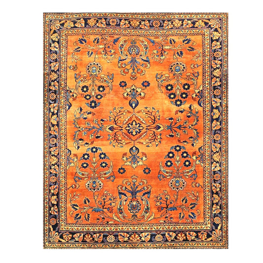 Antique Persian Lilihan Wool 7x10 Orange, Blue & Tan Handmade Area Rug #9902305