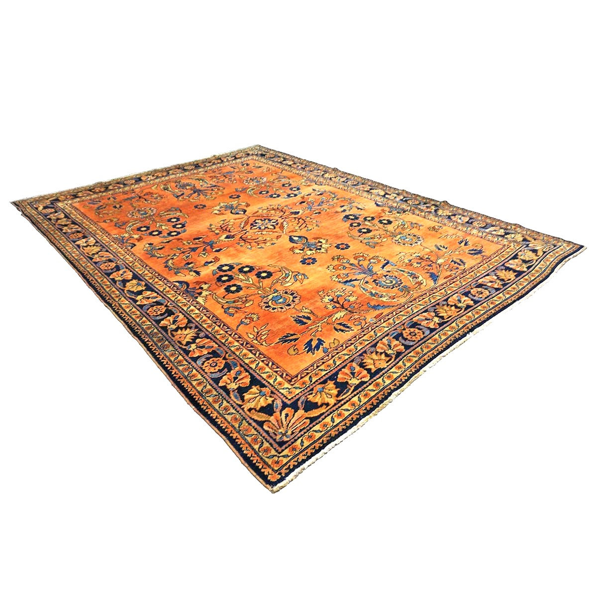Antique Persian Lilihan Wool 7x10 Orange, Blue & Tan Handmade Area Rug #9902305
