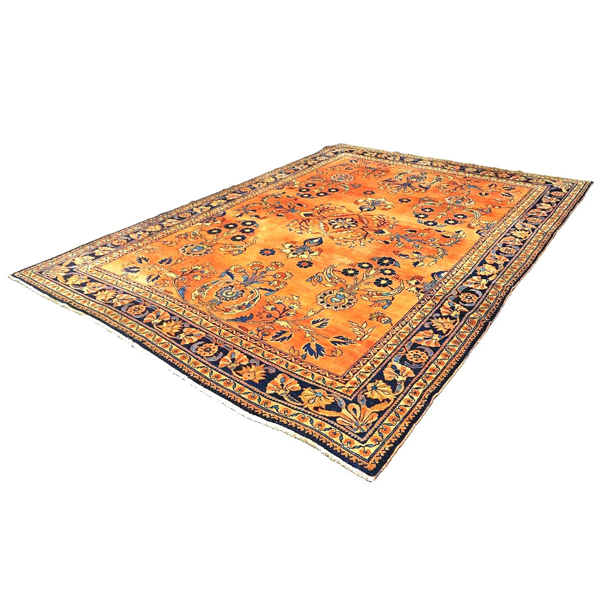 Antique Persian Lilihan Wool 7x10 Orange, Blue & Tan Handmade Area Rug #9902305