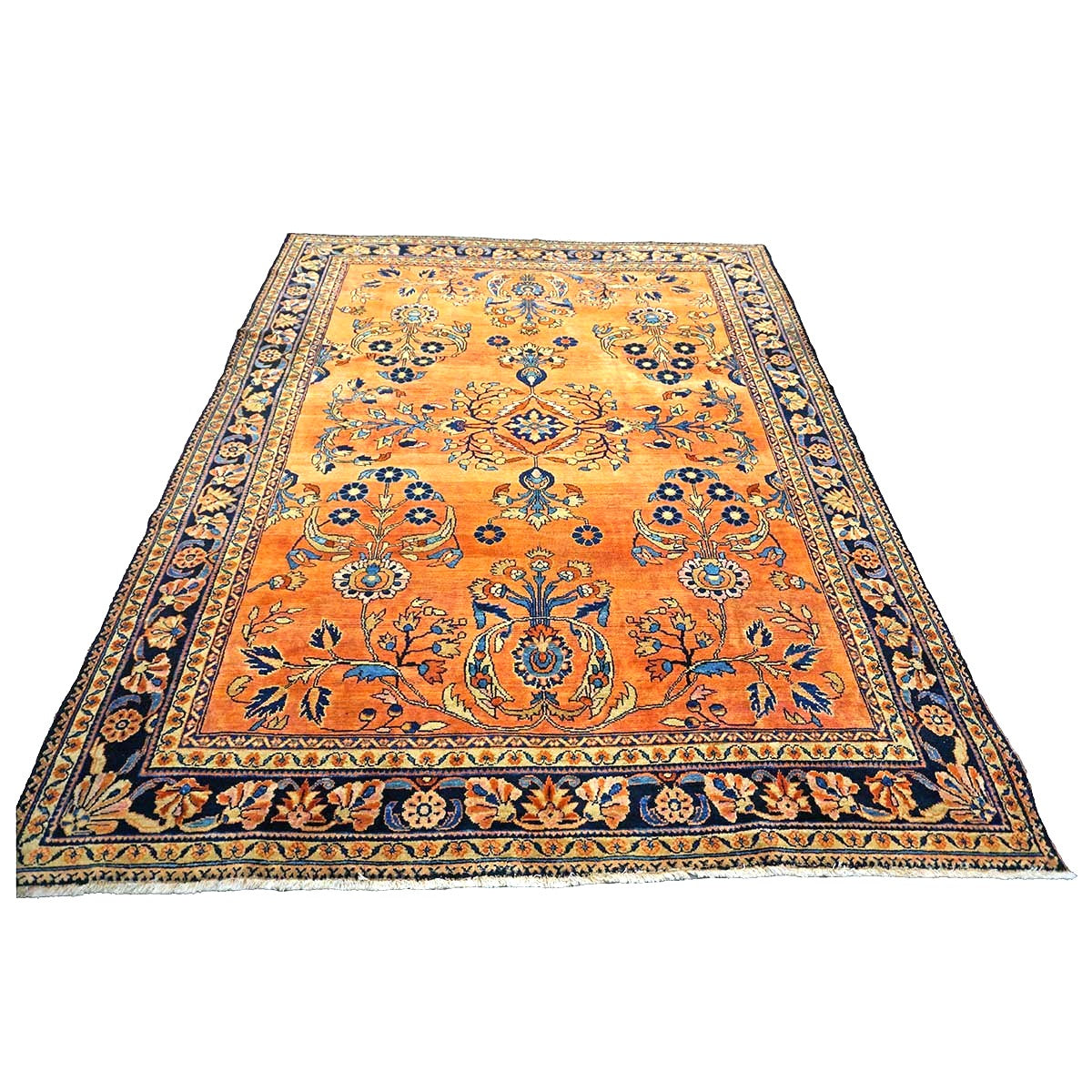 Antique Persian Lilihan Wool 7x10 Orange, Blue & Tan Handmade Area Rug #9902305